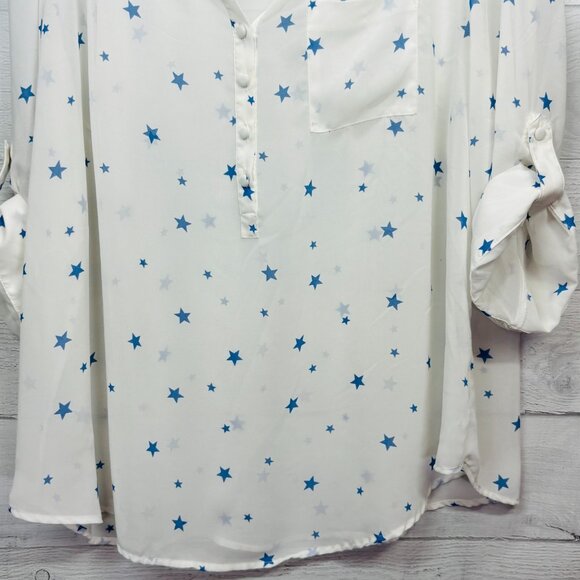 Torrid Harper Georgette Blouse Sheer Blue Star Print Roll Tab Sleeve Plus 2 | 2X - Picture 6 of 12